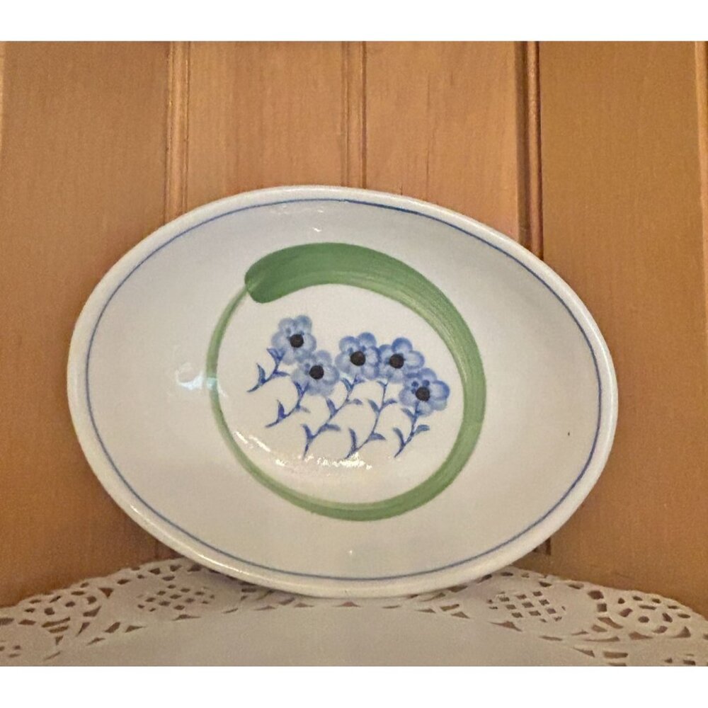 Vintage Hand-Painted Oval Ceramic Dish Blue Floral Green Accent Soap Dish Small